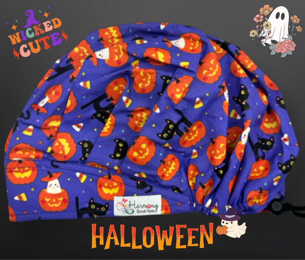 HALLOWEEN Pumpkins & Cats Modern Bouffant™ Scrub Hat